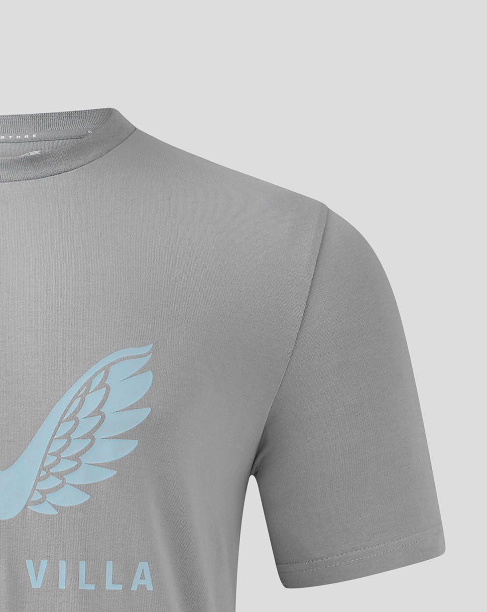Close up of light gray Aston Villa tee showing pale blue wing graphic and villa text.