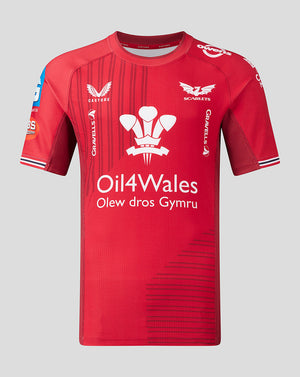 Scarlets Men 23/24 Home Pro Shirt in red with club crest on the left chest, Castore branding on the right, and Oil4Wales sponsor across the front