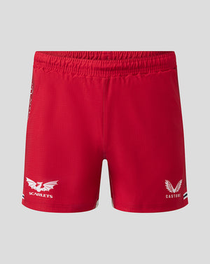 Front view of Scarlets Junior 23/24 Home Shorts in red with two tone scarlet, club crest on the left leg and Castore branding on the other side