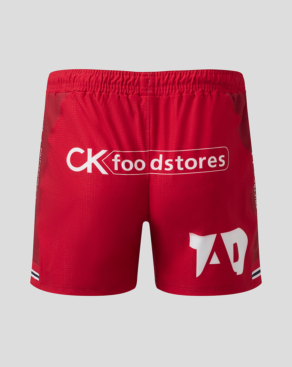 Back view of Scarlets Junior shorts with CK foodstores sponsor on the rear and a bold graphic on the right leg