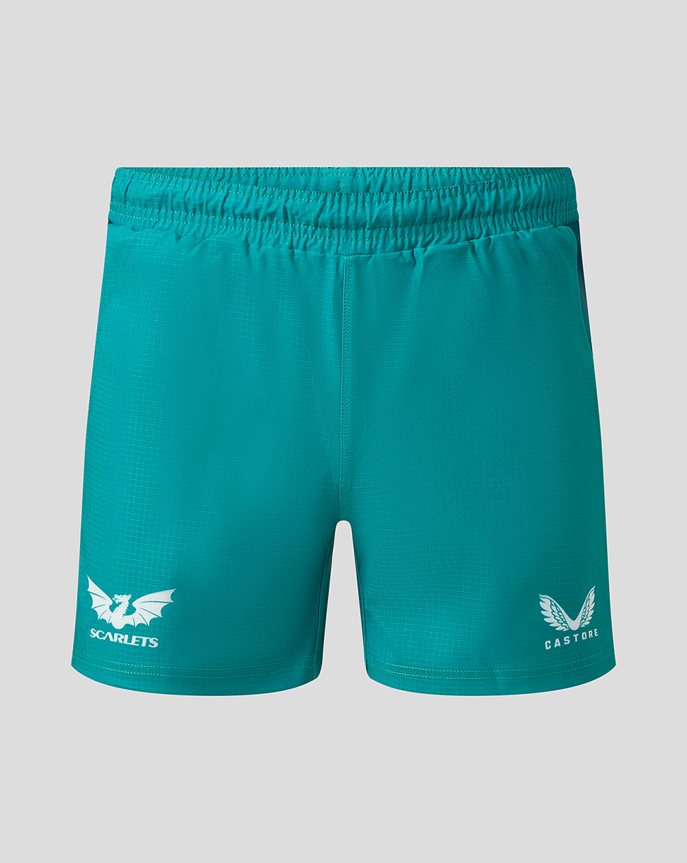 Sea green Scarlets away shorts front view with Scarlets crest on left leg and Castore branding on right leg