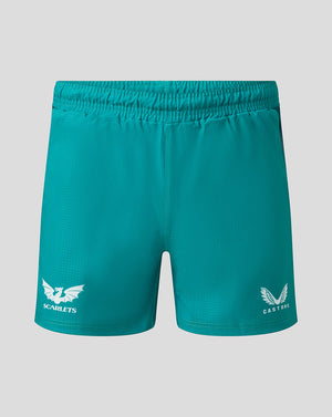 Sea green Scarlets away shorts front view with Scarlets crest on left leg and Castore branding on right leg