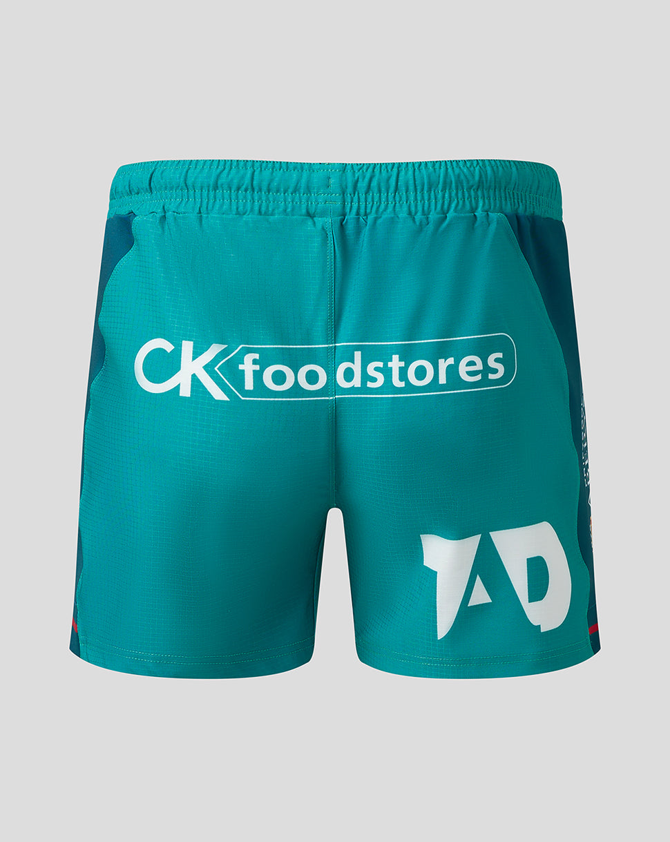 Sea green Scarlets away shorts back view with CK foodstores graphic across the back and Castore branding