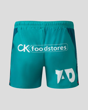Sea green Scarlets away shorts back view with CK foodstores graphic across the back and Castore branding