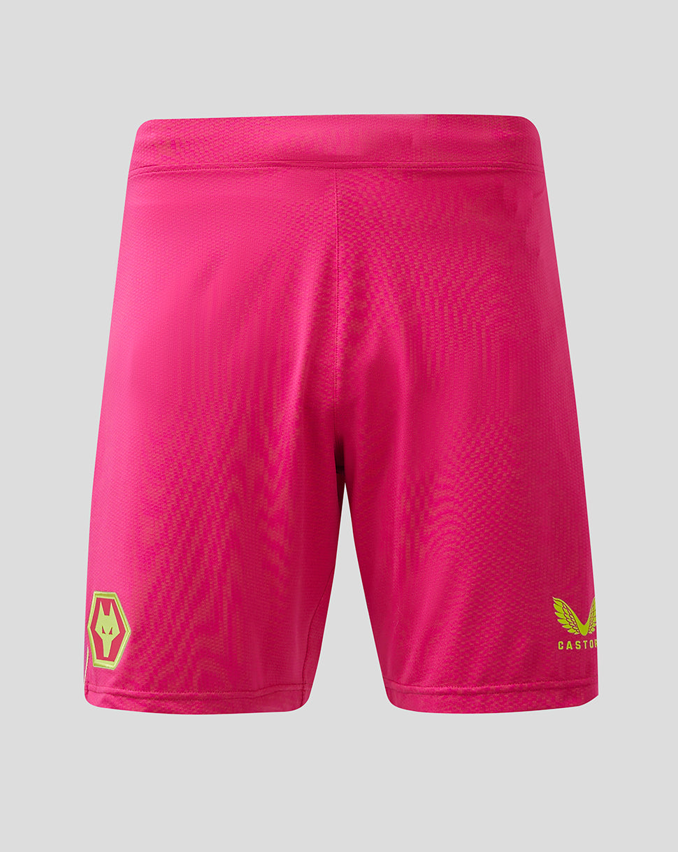 Front view of pink Wolves goalkeeper shorts with neon yellow logos.