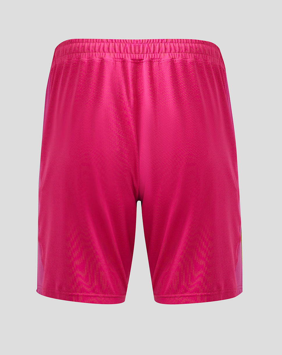 Back view of bright pink Wolves Pro Home goalkeeper shorts with elastic waistband