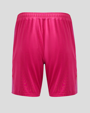 Back view of bright pink Wolves Pro Home goalkeeper shorts with elastic waistband