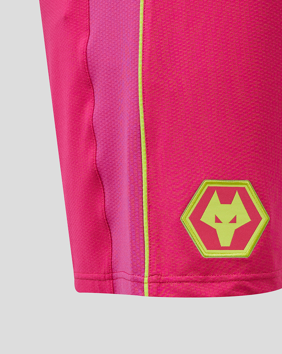 Close up of pink Wolves Pro Home goalkeeper shorts showing neon piping and crest patch