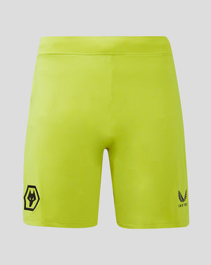 Back view of neon yellow Wolves Pro Away goalkeeper shorts with crest patches at the hems