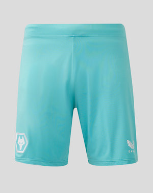 Back view of turquoise Wolves Pro Third shorts with a white shield wolf crest on the left leg and a small emblem on the right.
