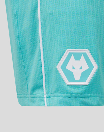 Close-up of teal fabric texture with a hex wolf logo patch on Wolves Pro Third Shorts