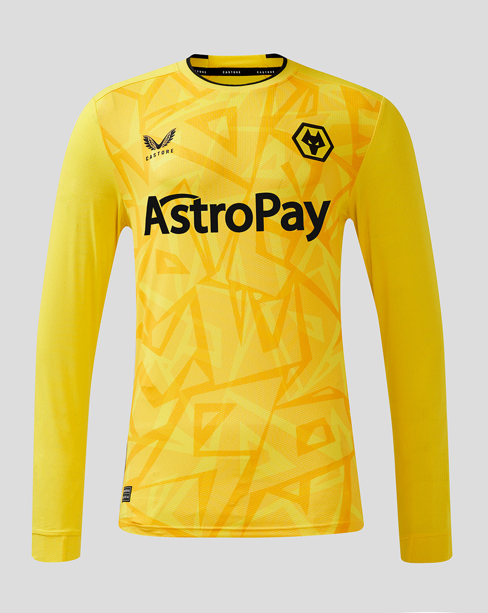 Bright yellow Wolves goalkeeper long sleeve shirt with AstroPay sponsor across the front and team crest.