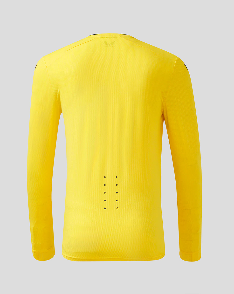 Back view of Wolves Men's Pro Third Goalkeeper long sleeve shirt in bright yellow with vent holes at the lower back
