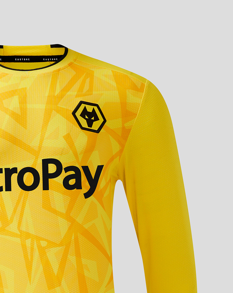 Close-up of bright yellow Wolves Pro Third goalkeeper jersey with crest on chest and AstroPay sponsor.