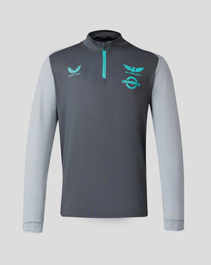 Dark grey quarter zip midlayer with teal zipper and light grey sleeves featuring Scarlets crest Owens logo and Castore branding.