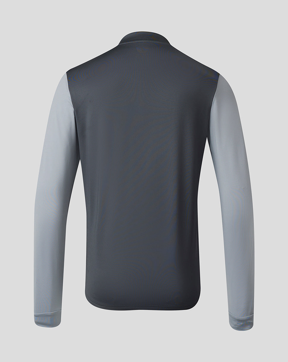 Back view of Scarlets midlayer showing dark grey main body and light grey sleeves.