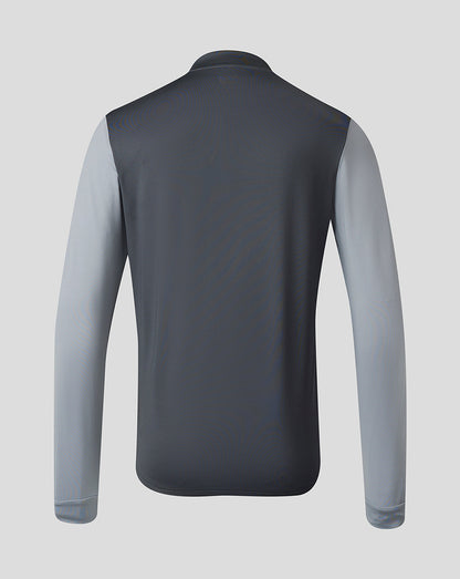 Back view of Scarlets midlayer showing dark grey main body and light grey sleeves.