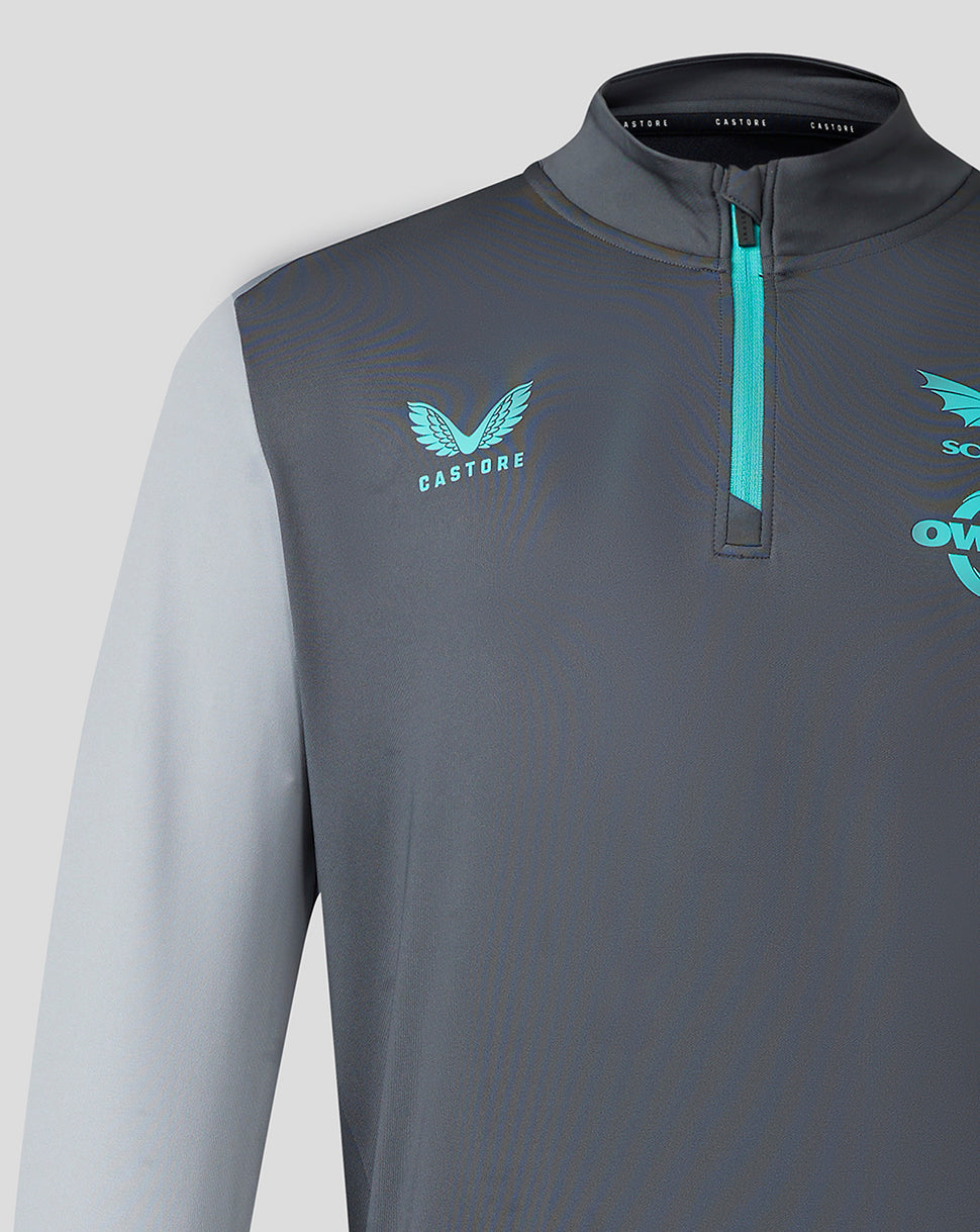 Scarlets mens 23/24 quarter zip midlayer close up with teal zipper and Castore wing logo on chest