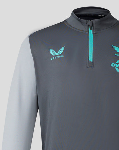 Scarlets mens 23/24 quarter zip midlayer close up with teal zipper and Castore wing logo on chest