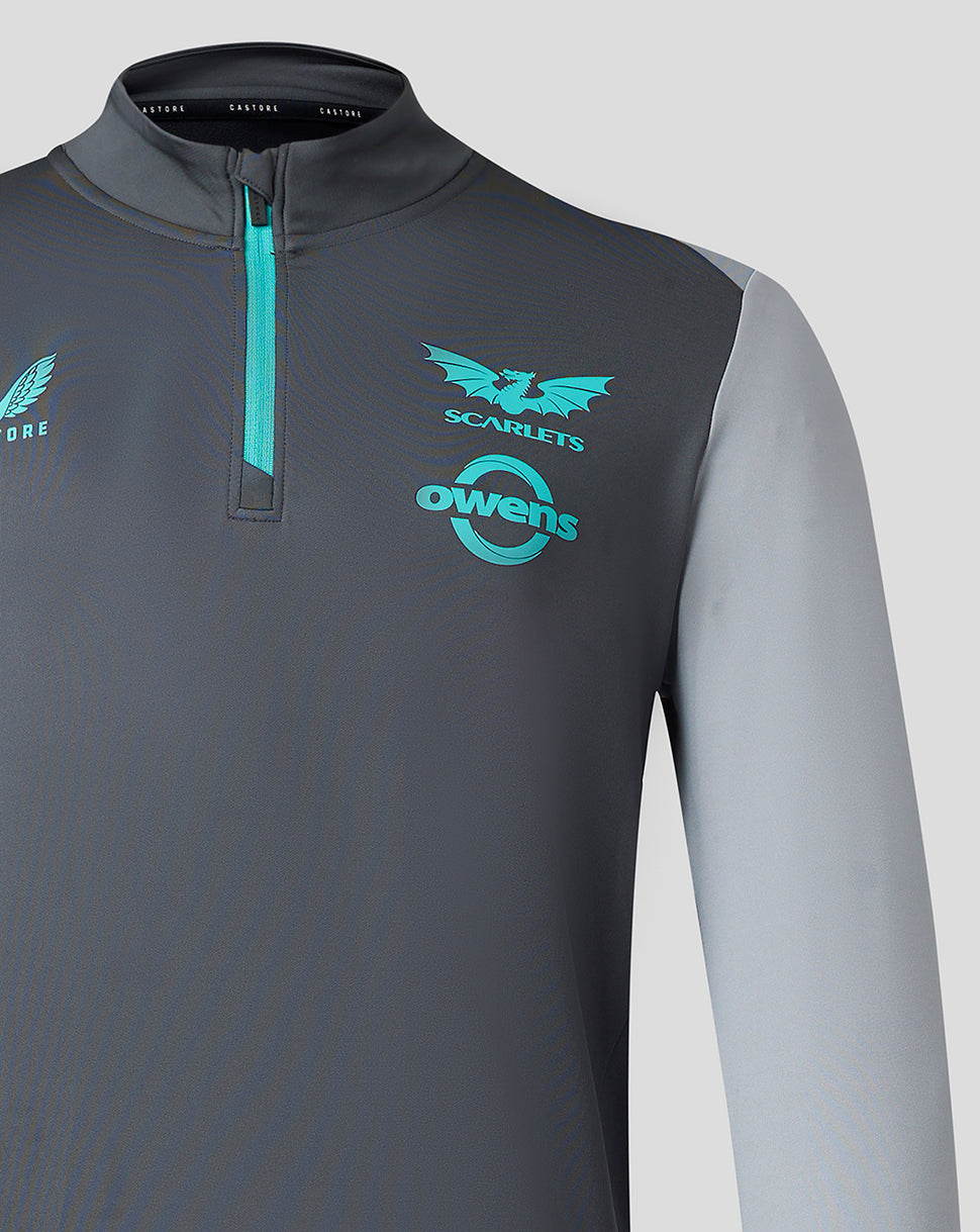 Scarlets mens 23/24 quarter zip midlayer front view with teal Scarlets crest and Owens emblem on the chest