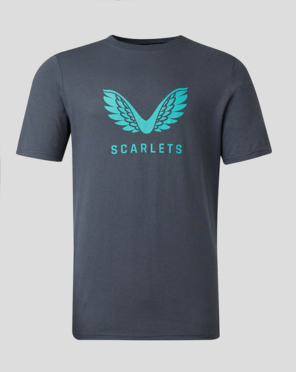 Scarlets cotton logo T shirt dark gray with large teal wing graphic and Scarlets lettering across the chest