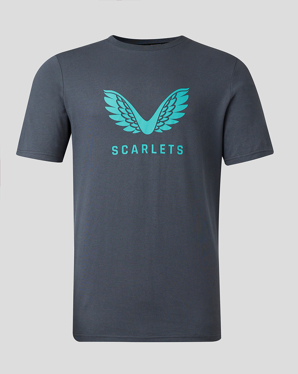 Front view of a dark navy Scarlets Junior 23/24 Cotton Logo T-Shirt with turquoise wings and SCARLETS text.