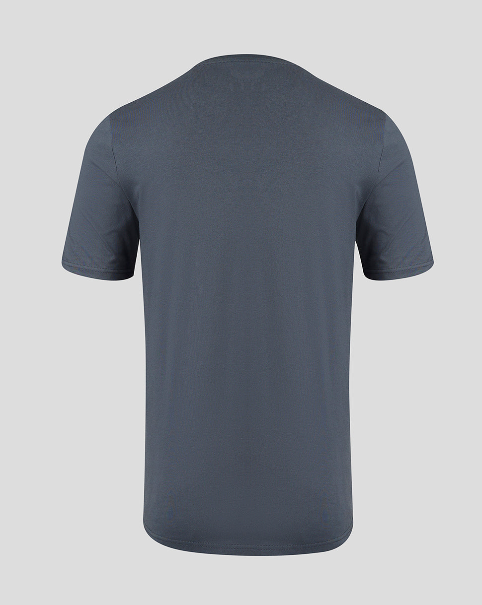 Back view of Scarlets men's 23/24 cotton logo T shirt in blue gray with plain back