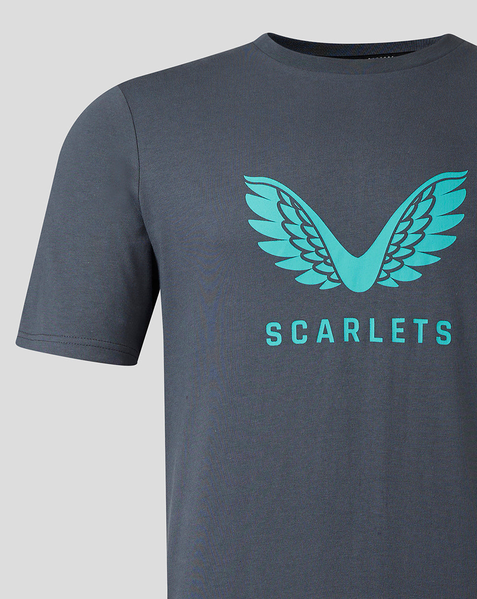 Front view of Scarlets men's 23/24 cotton logo T shirt in blue gray with turquoise wing crest and Scarlets text