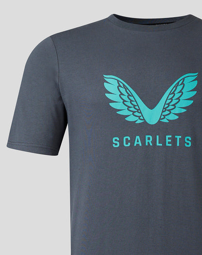 Front view of Scarlets men's 23/24 cotton logo T shirt in blue gray with turquoise wing crest and Scarlets text