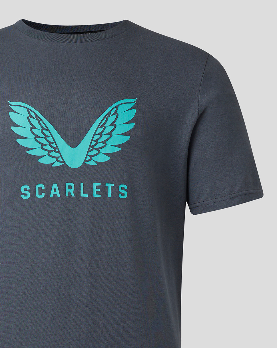 Close-up of turquoise wing logo and Scarlets text on the front of the blue gray cotton T shirt