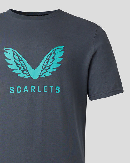 Close-up of turquoise wing logo and Scarlets text on the front of the blue gray cotton T shirt