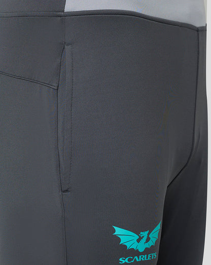 Close up of the lower leg showing teal Scarlets crest on dark fabric with light grey paneling at the ankle.