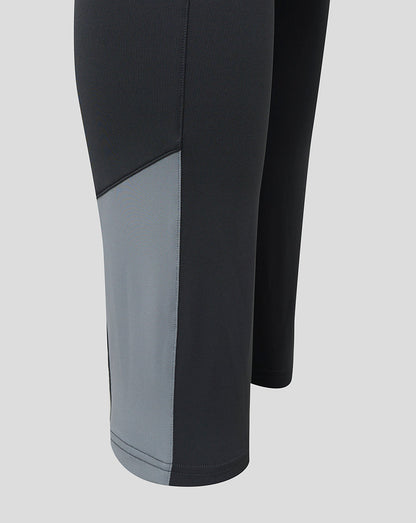 Scarlets training pants leg close up with dark fabric and a light grey color block panel.