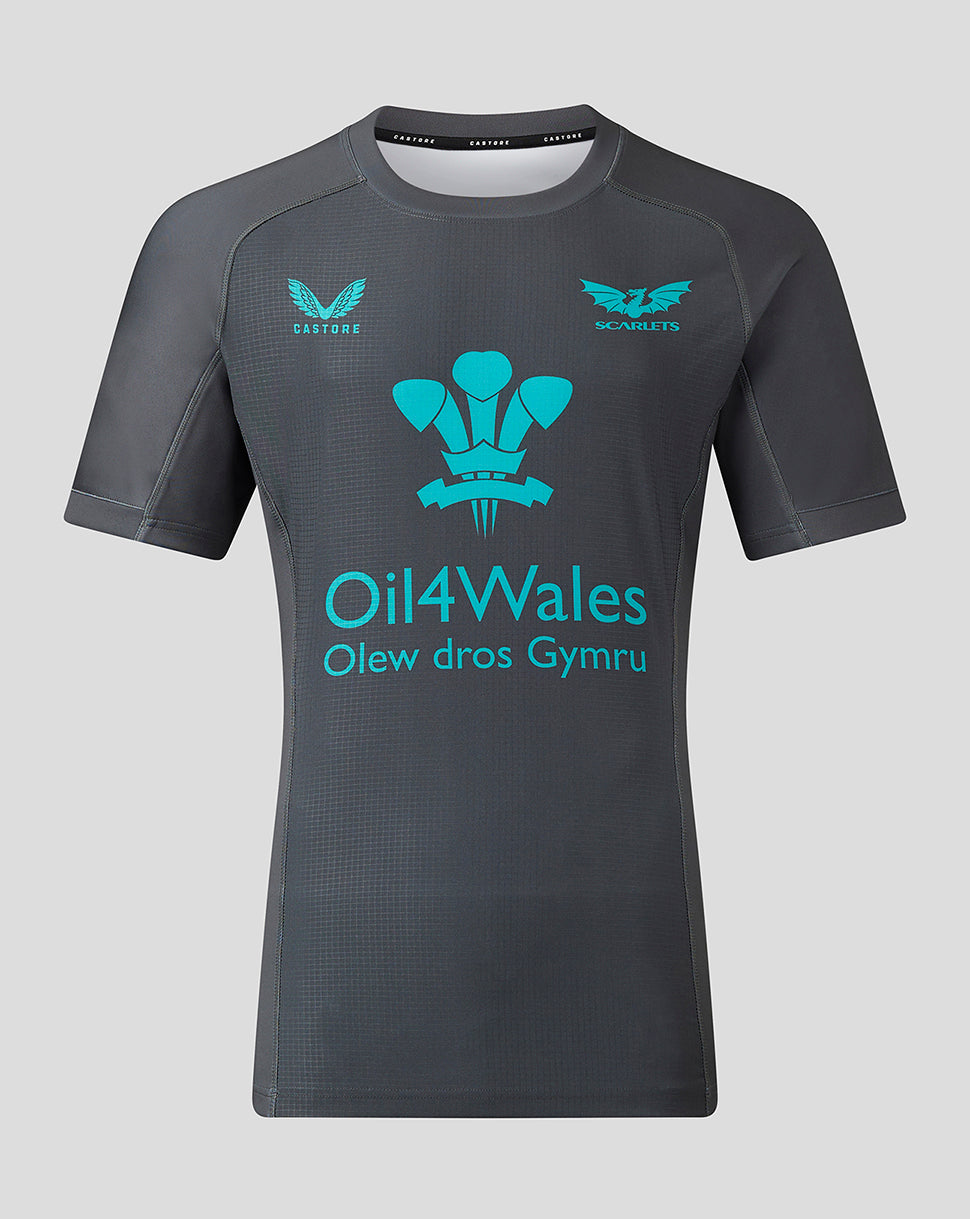 Grey Scarlets Scrummage jersey with teal Oil4Wales sponsor and team crest on the chest