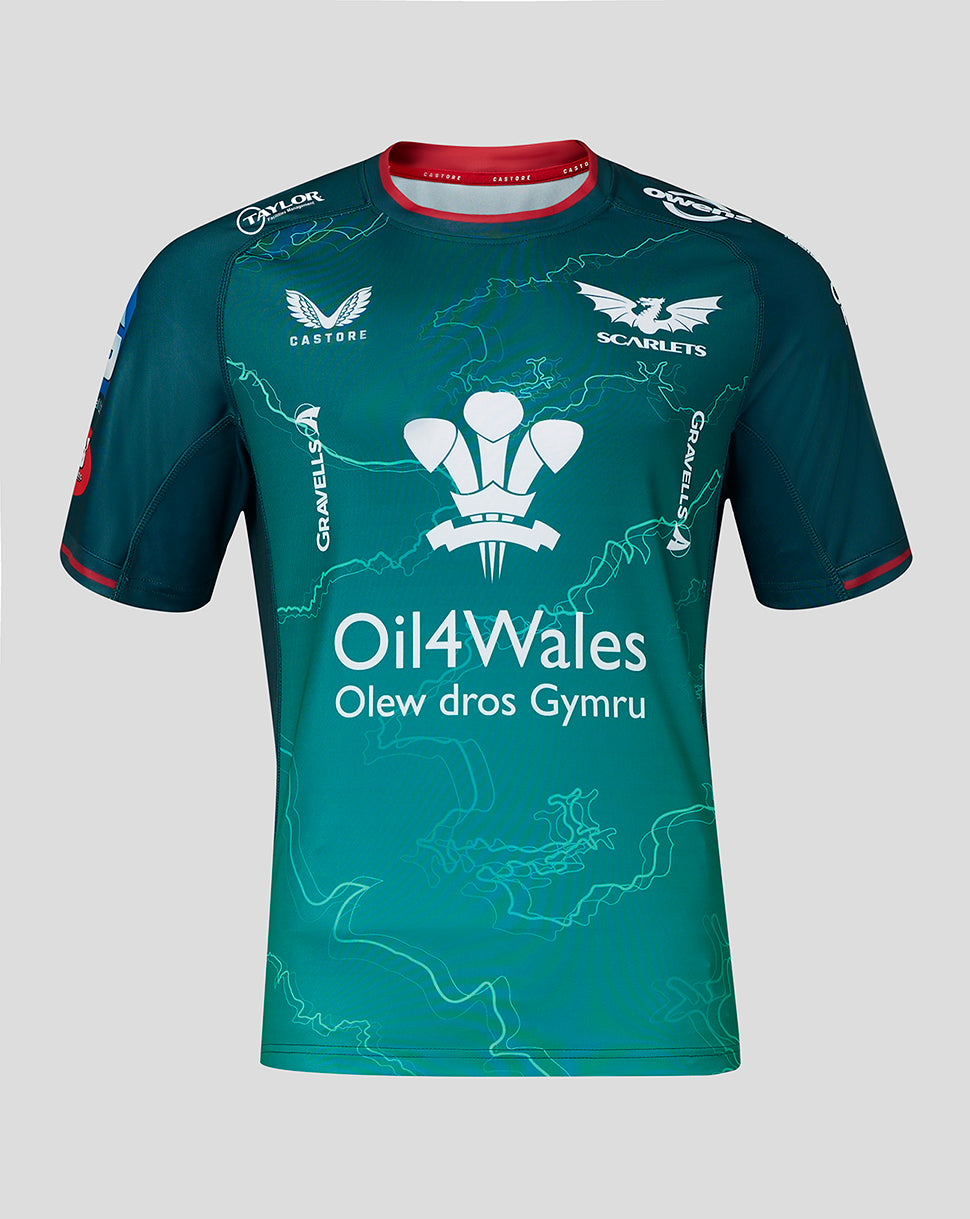 Scarlets women's 23/24 away shirt in teal with sea coast graphic and Oil4Wales sponsor front view