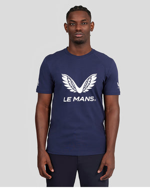 Male model wearing a navy Le Mans Lifestyle T Shirt with a large white wing logo on the chest