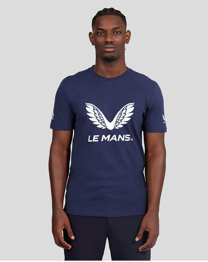 Male model wearing a navy Le Mans Lifestyle T Shirt with a large white wing logo on the chest