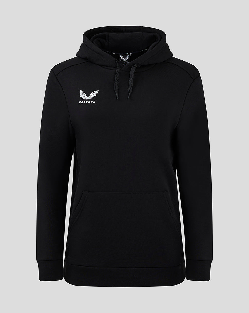 Black Castore hoodie with white wing logo on the chest and a drawstring hood