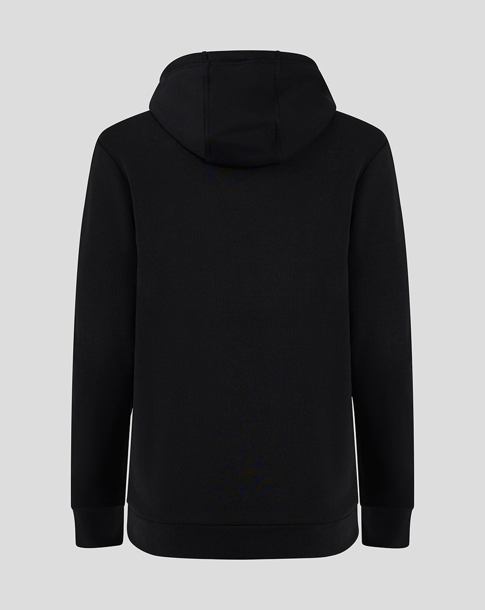 Back view of black Cotton Rich Brushed Back Hoody with hood, cuffs and ribbed hem
