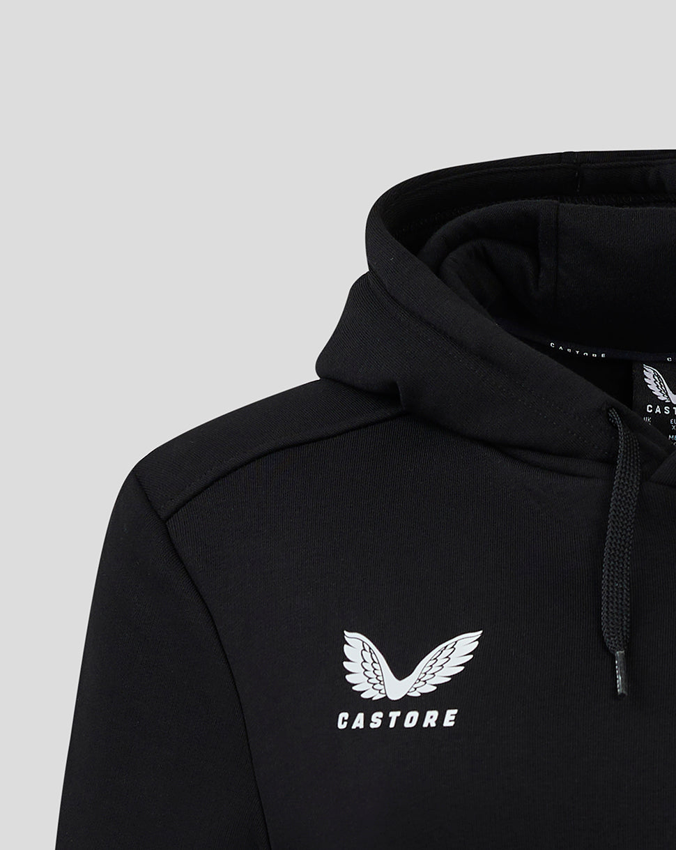 Close-up of black Cotton Rich Brushed Back Hoody with white Castore wing logo on the chest