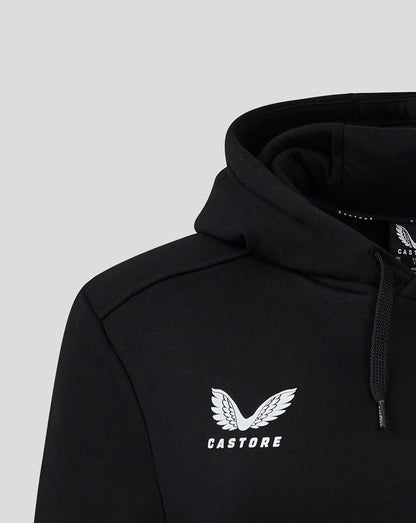 Close-up of black Cotton Rich Brushed Back Hoody with white Castore wing logo on the chest