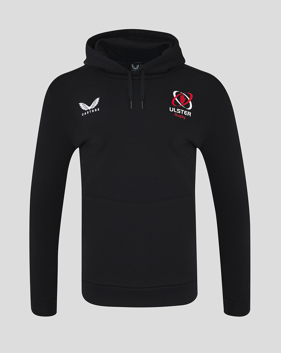 Front view of black ULSter men's cotton rich brushed back hoodie with Castore and Ulster Rugby logos