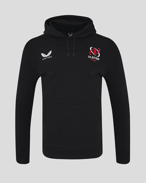 Front view of black ULSter men's cotton rich brushed back hoodie with Castore and Ulster Rugby logos
