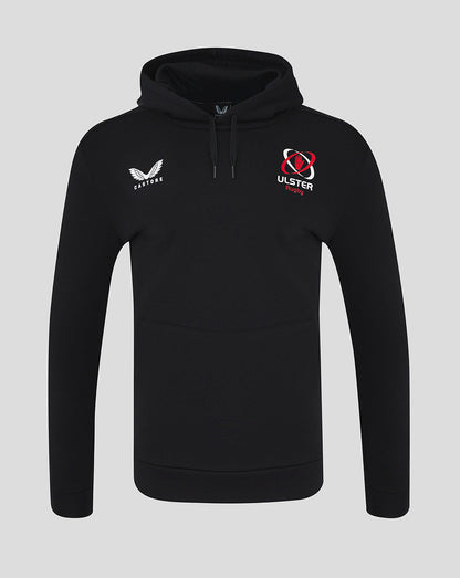Front view of black ULSter men's cotton rich brushed back hoodie with Castore and Ulster Rugby logos