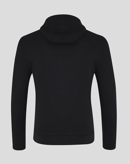 Back view of black Ulster rugby hoodie with attached hood and minimal stitching.