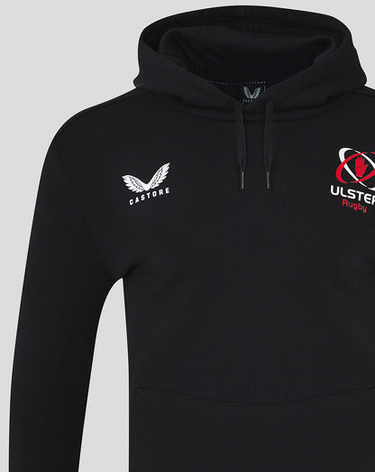 Black Ulster Rugby hoodie with Castore wing logo on the chest and a drawstring hood.