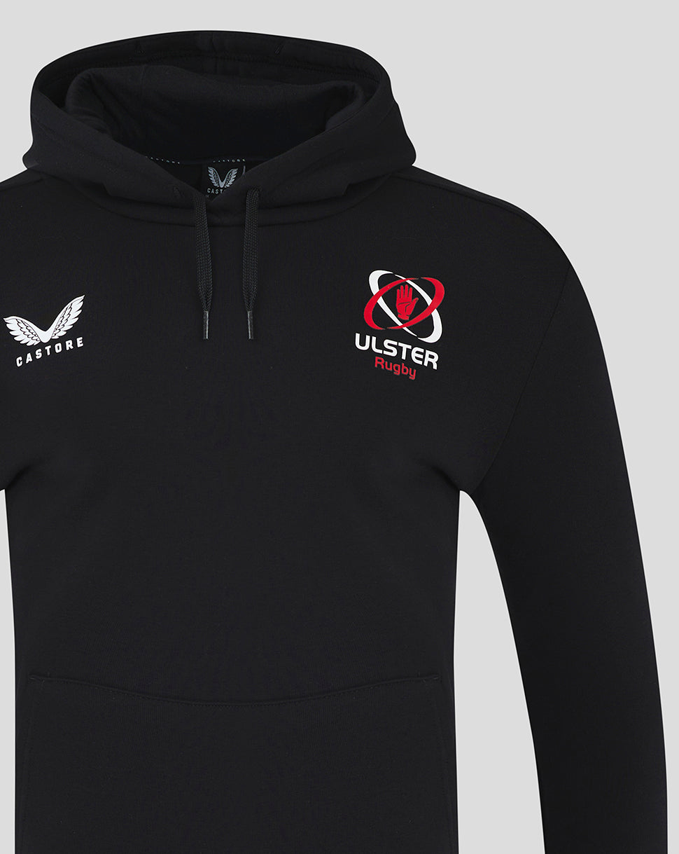 Close-up of black Ulster hoodie showing Castore logo on the left chest and Ulster Rugby logo on the right