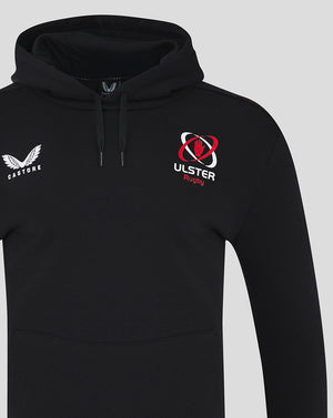Close-up of black Ulster hoodie showing Castore logo on the left chest and Ulster Rugby logo on the right