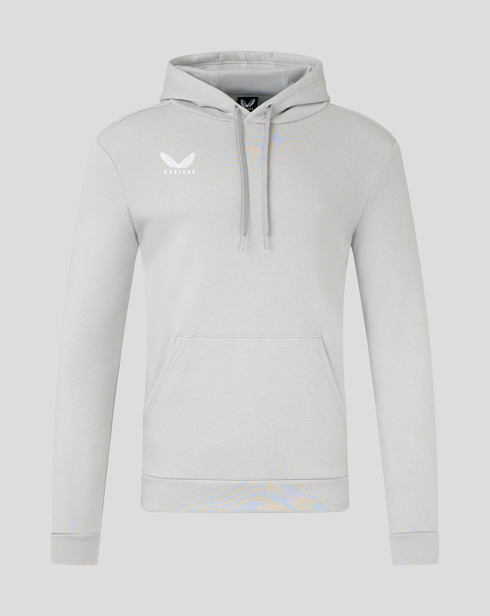 Front view of light gray cotton leisure hoodie with drawstring hood and kangaroo pocket