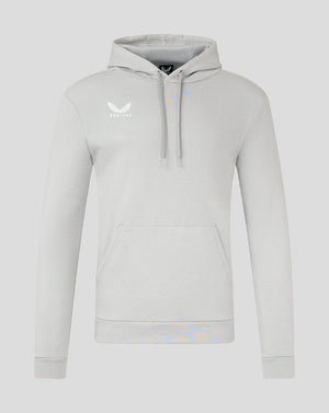 Front view of light gray cotton leisure hoodie with drawstring hood and kangaroo pocket